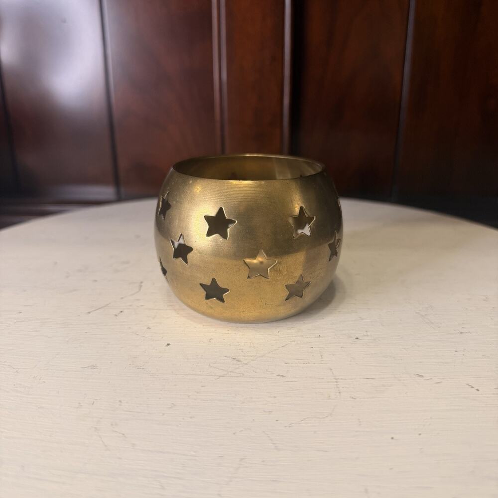 Brass Tealight Votive Candle Holder with Star Cutouts Celestial